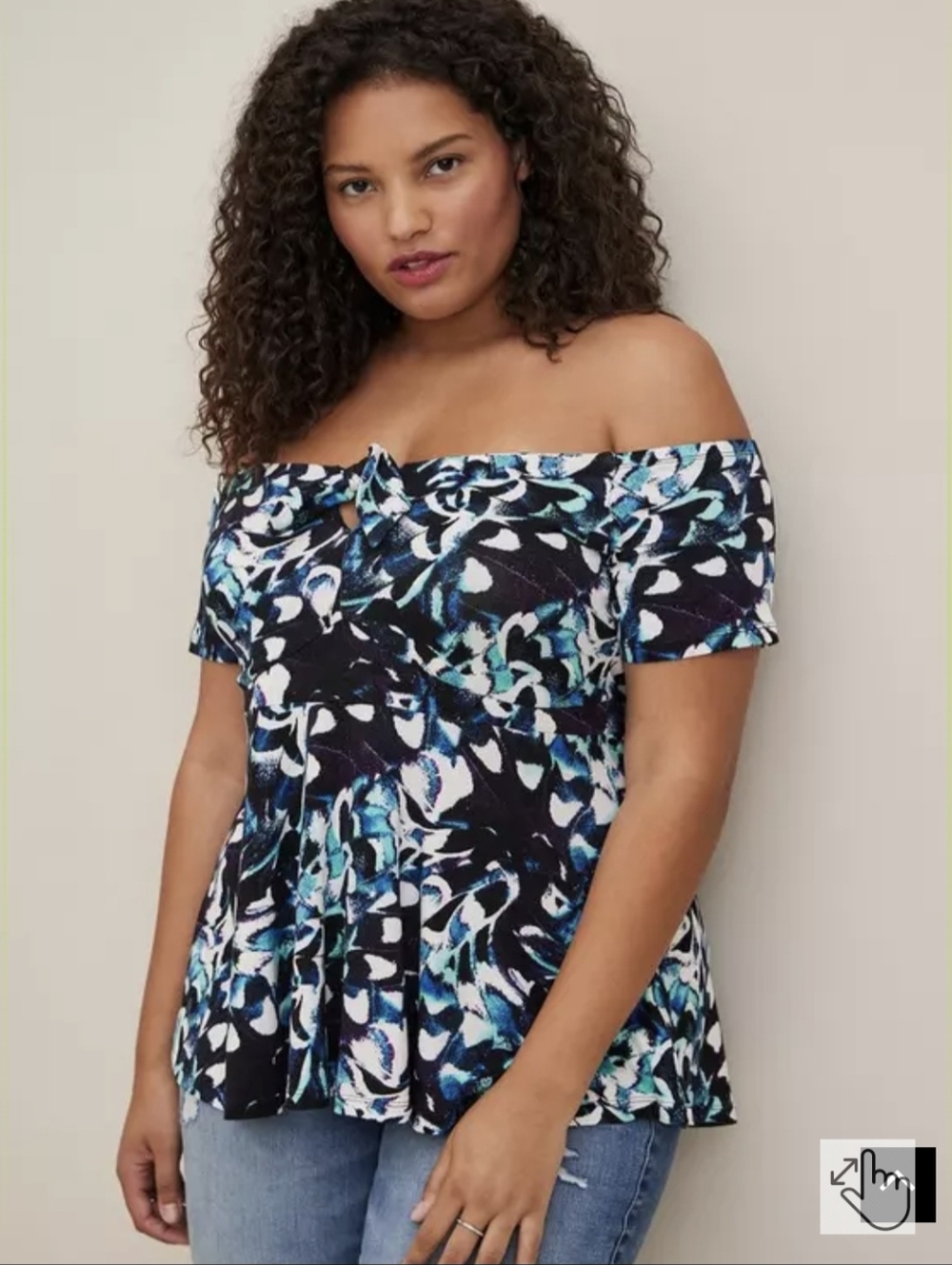 Super Soft By  Torrid Sz 3 Off-Shoulder Black and Teal Floral Swing Top